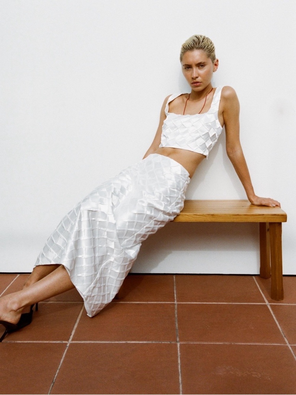 Zara Diamond White Textured Midi Skirt Set